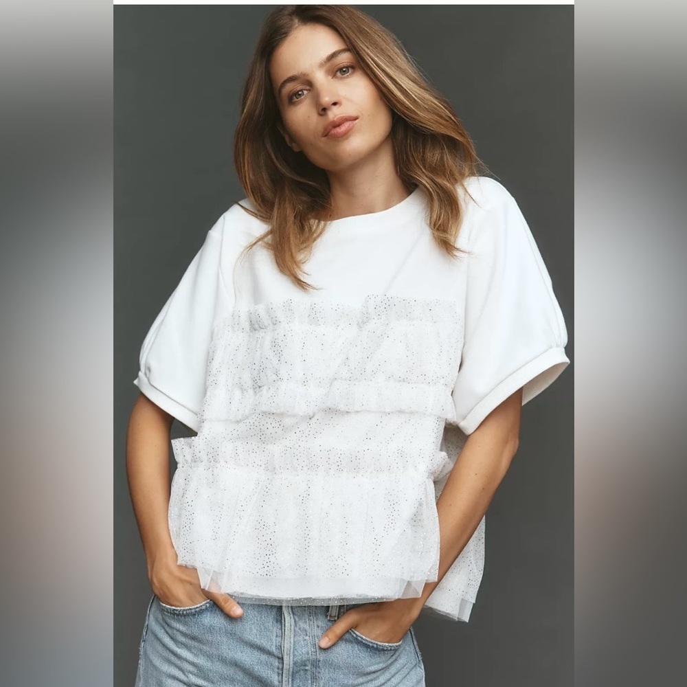 Anthropologie Maeve XS White Ruffle Layer Short Sleeve Sweatshirt